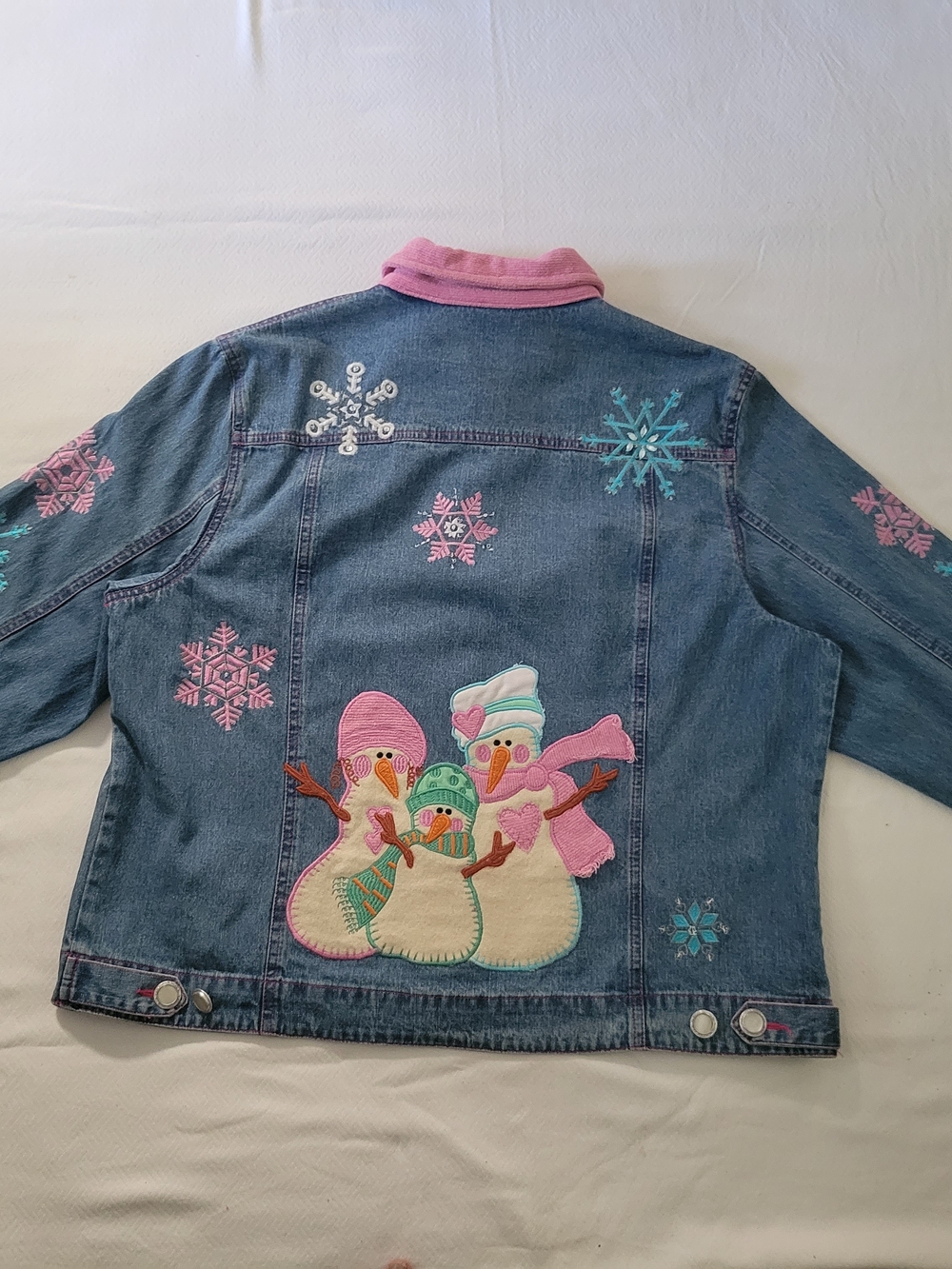 Womens Denim Snowman Jacket with Pink Collar By Bleu Bayou